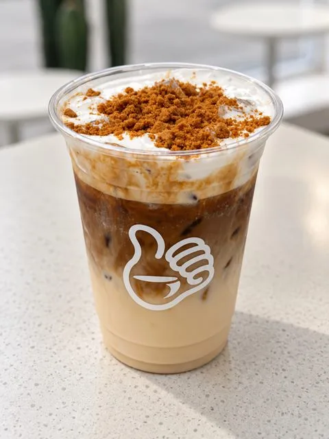 Iced Biscoff Latte topped with cream and crushed Biscoff in a Zayn Coffee cup