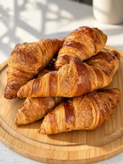 French butter croissants piled on a wooden board in morning light at Zayn Coffee