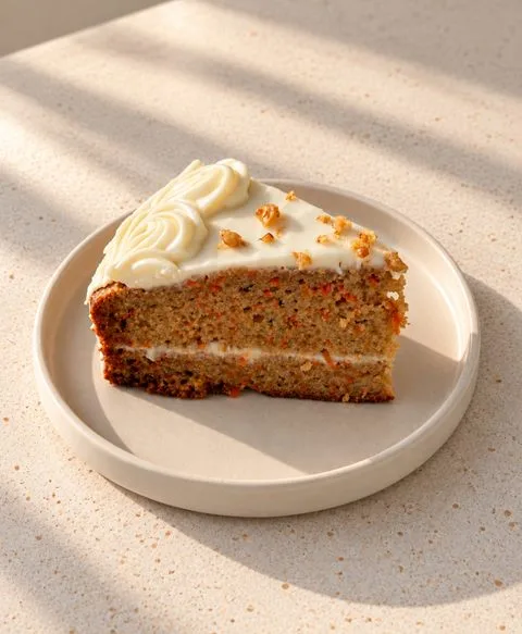 A slice of Carrot Cake with cream cheese frosting on a cream plate