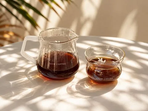 Hot V60 coffee in a ZAYN COFFEE glass decanter beside a Zayn Coffee glass, in dappled sunlight