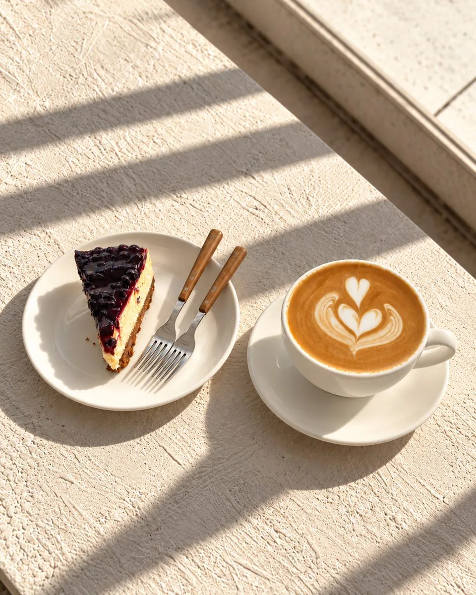 A latte with heart latte art and a slice of blueberry cheesecake on a sunlit table at Zayn Coffee