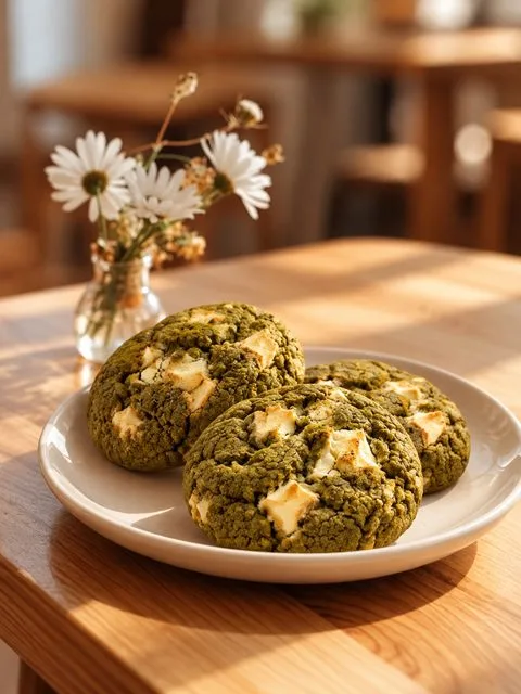 Matcha white chocolate cookies on a plate beside a small vase of daisies at Zayn Coffee