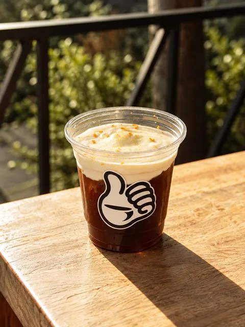 Mont Blanc cold brew topped with cream and orange zest on a sunlit wooden table
