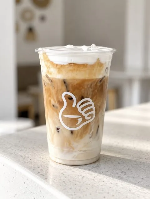 Iced Sea Salt Cream Latte with a cream top in a Zayn Coffee cup on the café counter