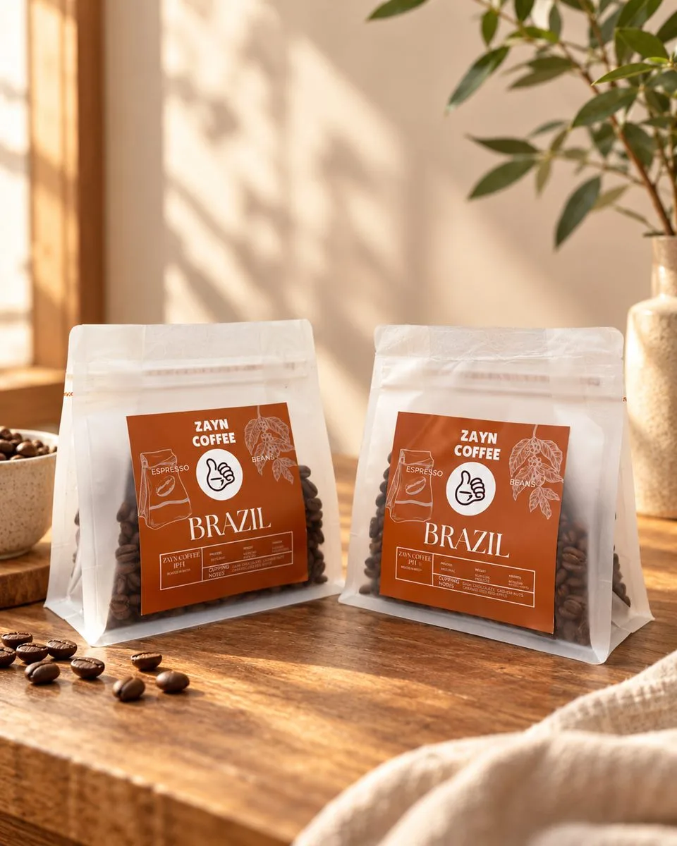 Two bags of Zayn Coffee Brazil beans on a wooden table