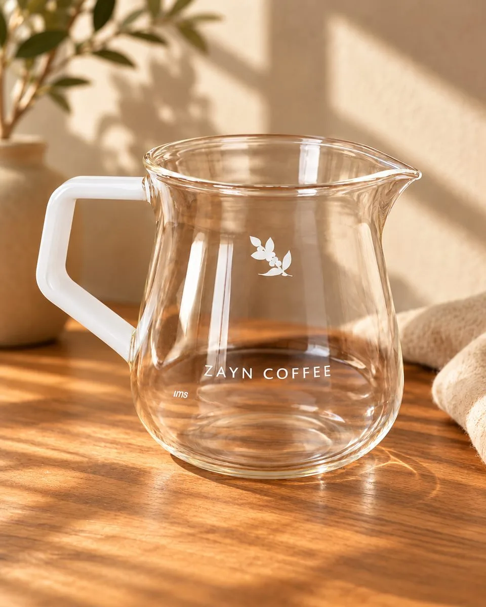 Zayn Coffee glass decanter with a white handle on a wooden table