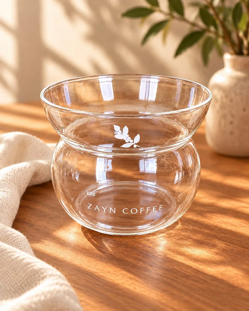 Zayn Coffee glass with the Zayn Coffee logo on a wooden table