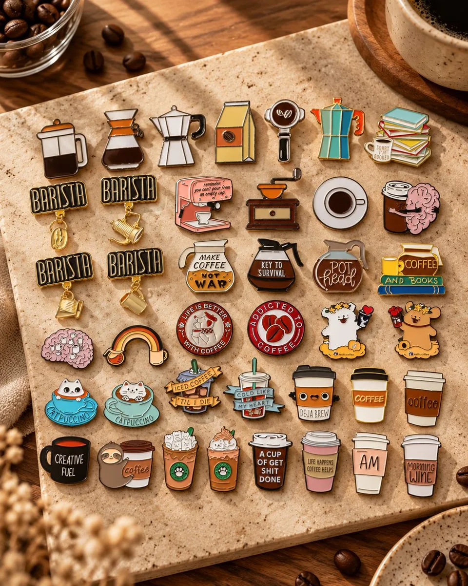 A board of coffee-themed enamel pins