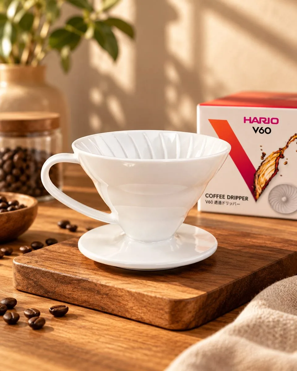 White Hario V60 dripper on a wooden board beside its box